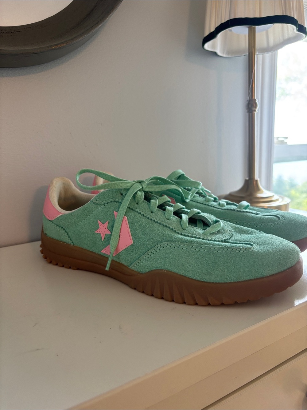 Converse Women Mint Green Suede Sneakers with Pink Accents